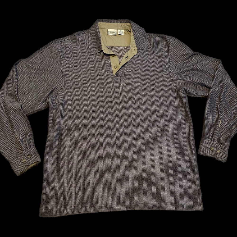 Vintage LL Bean Mens Large Herringbone Long Sleeve Rugby Polo Shirt Gray Brown.